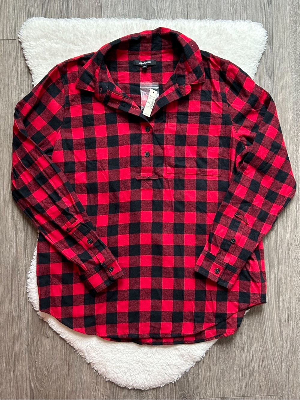 Madewell Buffalo Check Red Black Flannel Popover Top NWT